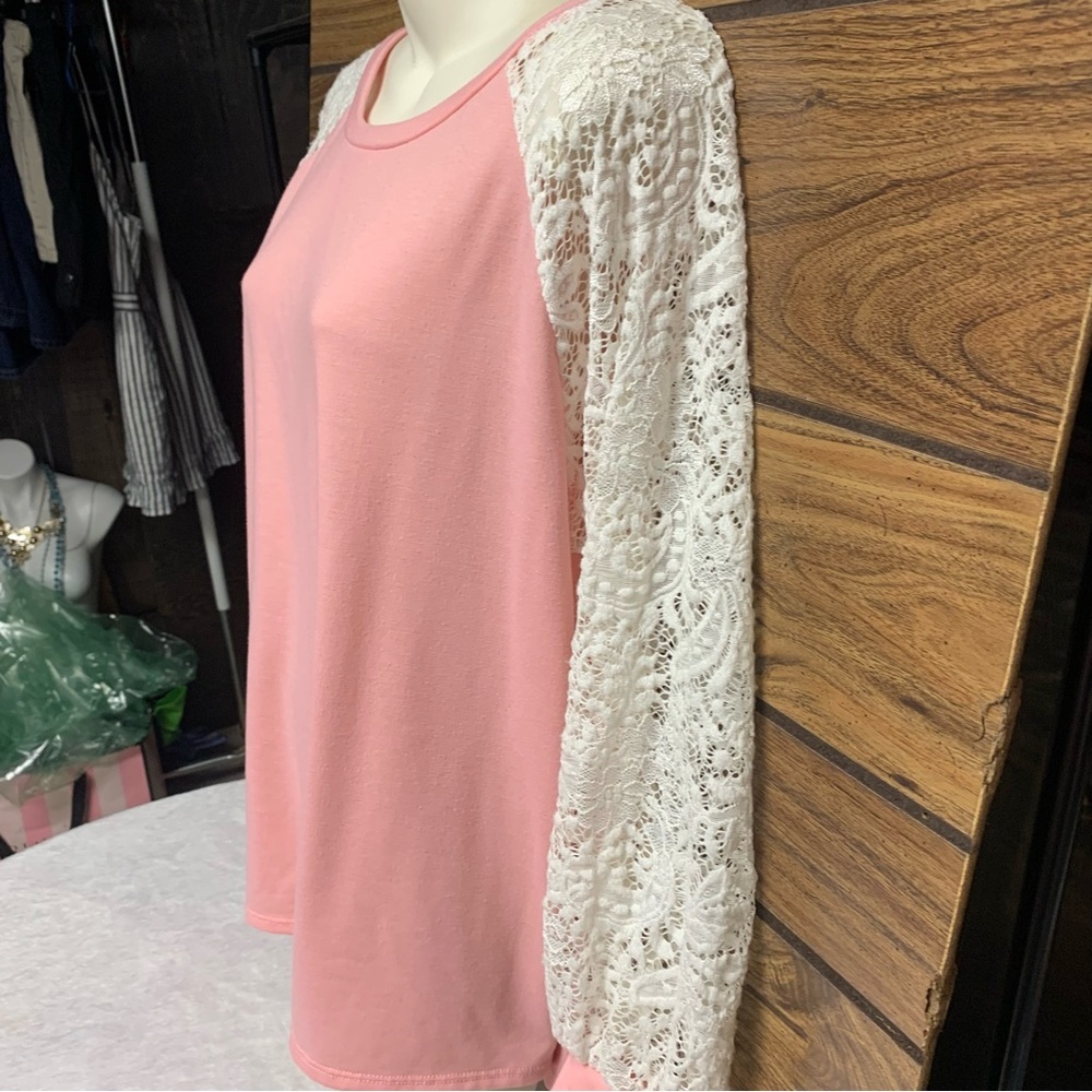 BiBi pink/cream top size small lace sleeves sweatshirt feel lightweight - Picture 2 of 9
